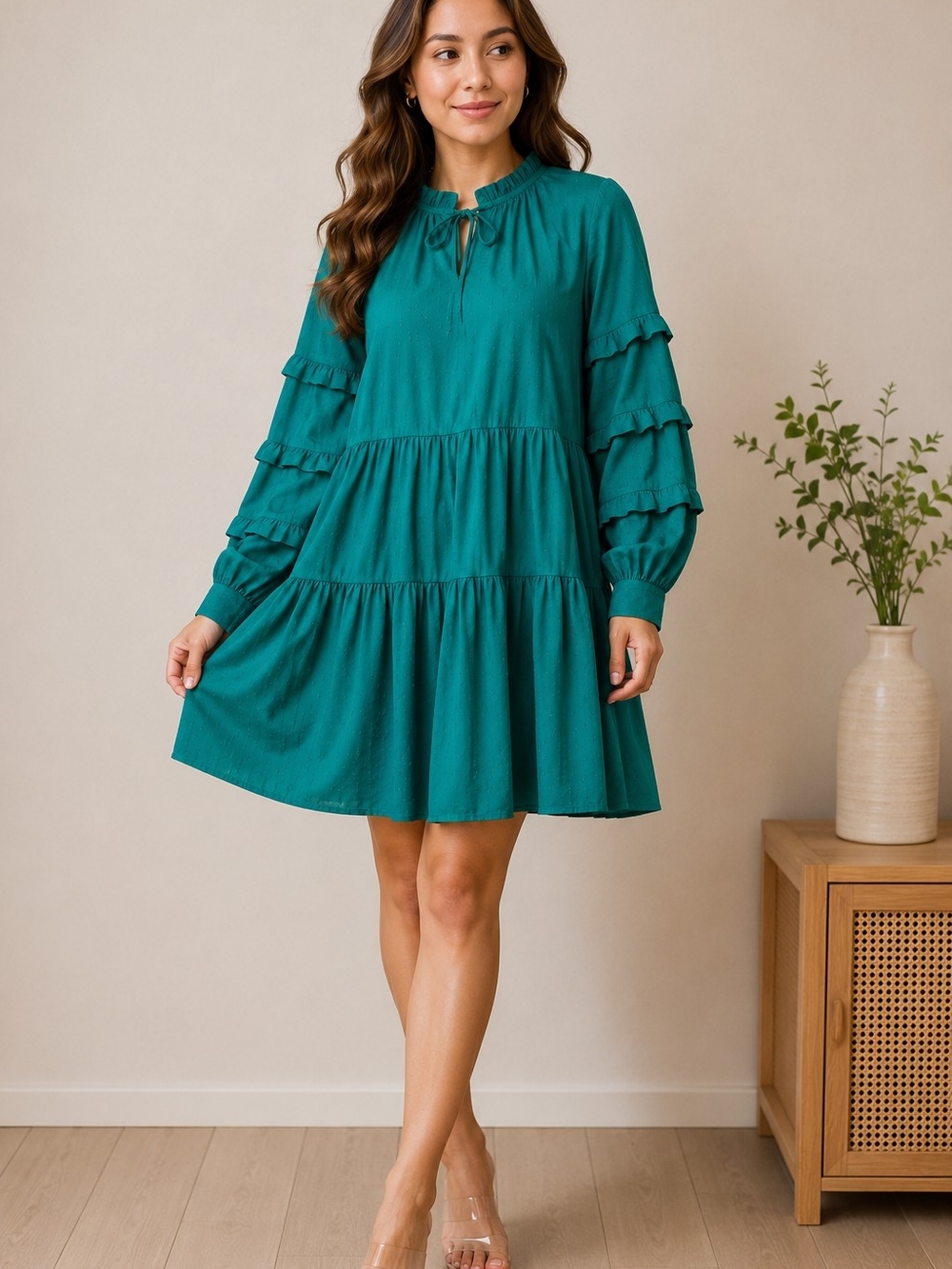 Y.A.S Jade Green Textured Tiered Long Sleeve Babydoll Mini Dress Size S